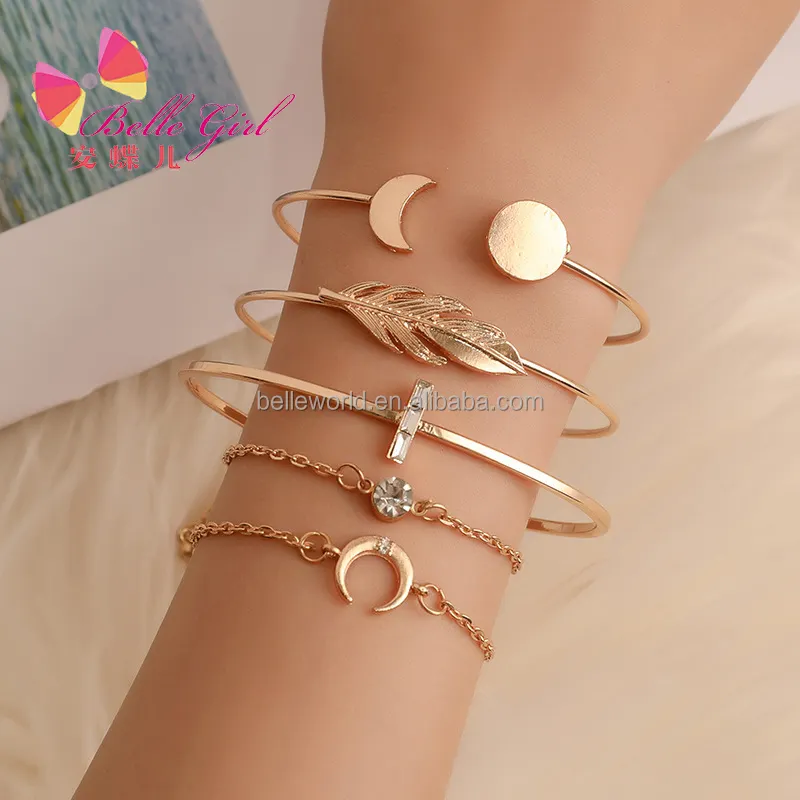 BELLE WORLD Neuankömmlinge Mode Blätter Frauen Armband Armreifen Set Legierung Mond verstellbar 5 Stück Armband-Sets für Mädchen