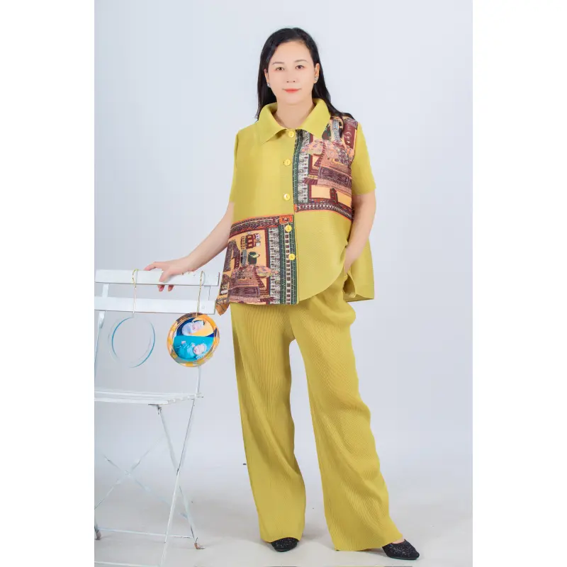 Tianbao Miyaki-ropa plegable de fábrica, Camiseta estampada de manga corta de solapa, conjunto de pantalones de pierna ancha y cintura baja, venta al por mayor