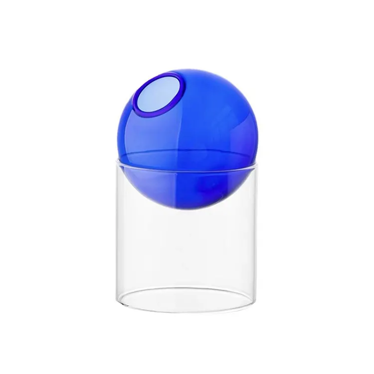 Venta al por mayor florero de bola azul florero de bola redonda de cristal mini florero de esfera de cristal azul para decorar