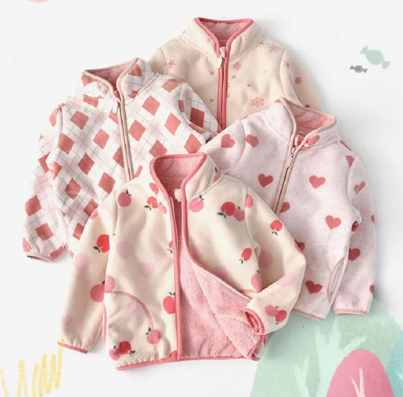 Girls' Plush Fleece Jacket Casual Zipper Coat Print New Autumn and Winter Standing Collar Warm Pink Pocket Polar Fleece Long