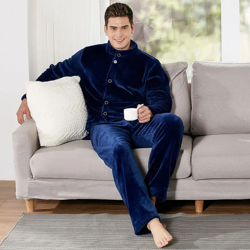 Özel yüksek kaliteli erkek kış termal kalın pazen pijama set uzun takım