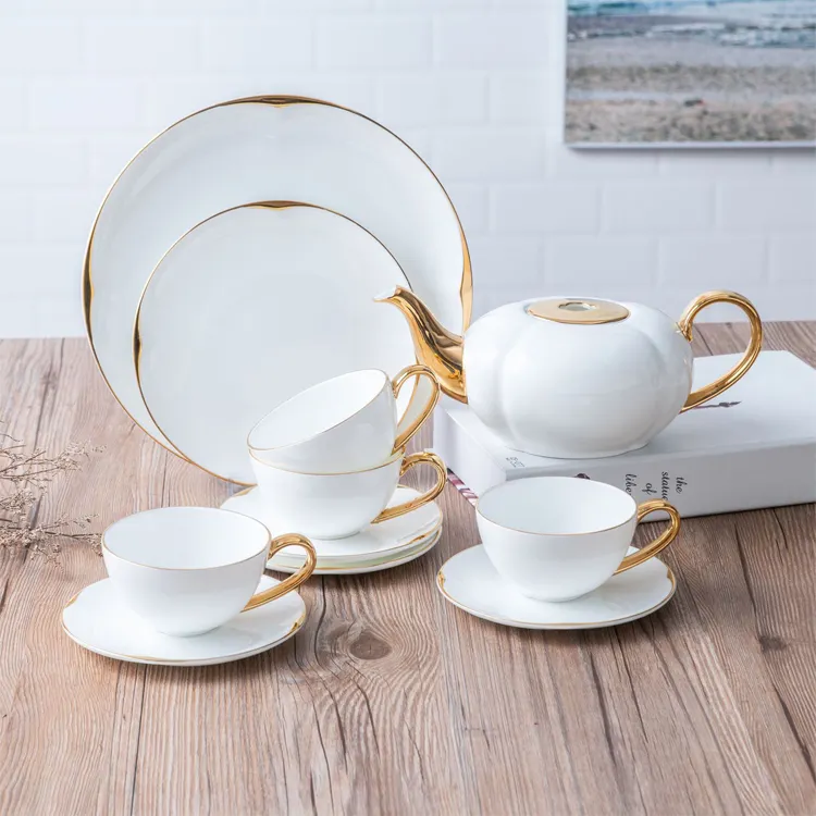 Conjunto de chá de porcelana elegante, conjunto de 7 peças de chá de porcelana com decoração de ouro, pote de cerâmica e copo