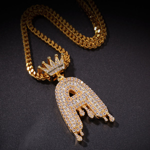 A-Z Men Custom Cubic Zircon Crown Bail Drip Initials Bubble Letters k m <strong>Chain</strong> Necklaces Pendant with 3mm*24inches Rope <strong>Chain</strong> - Product Image 1