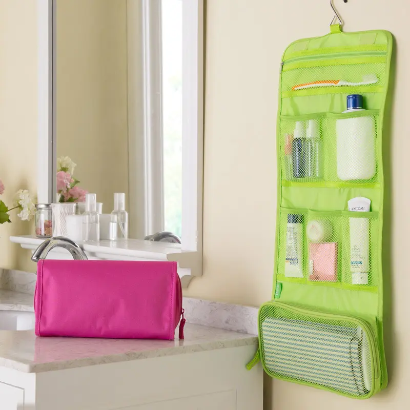 Bolsa de viagem para itens de higiene pessoal, bolsa organizadora de maquillaje com três dobras