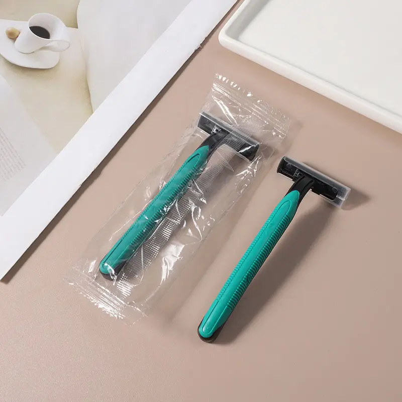 Kit de navalha e lâminas de barbear descartáveis com cabo verde, lâminas duplas para cuidados pessoais, barbeador de comodidades