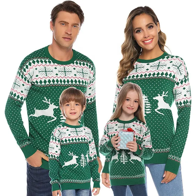 Custom FNJIA unisex knit Christmas jumperTree Reindeer Patterned Jacquard Knitted Pullover Family Christmas Sweater