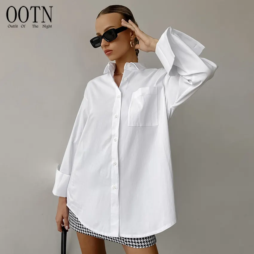 Ootn blusas femininas, para escritório, branco, de manga longa, de algodão, com botão, casual, de 2023