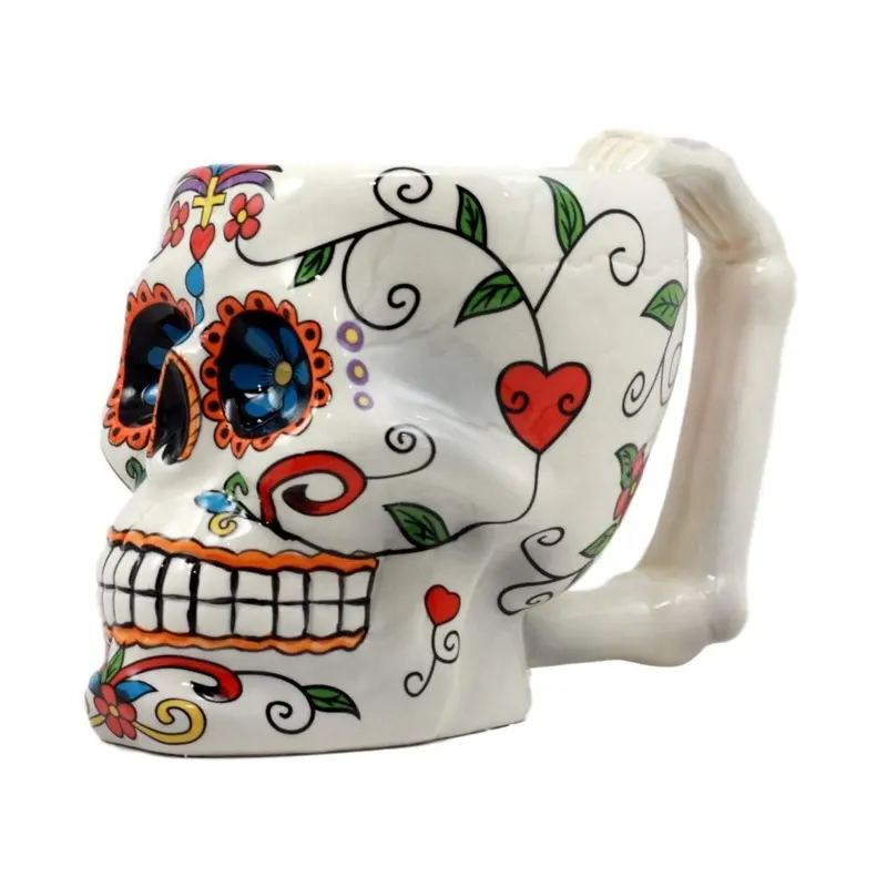 Taza de cráneo de azúcar, vaso de cerámica con crisol de día blanco de los muertos coleccionable en colores brillantes, taza de café para bebidas