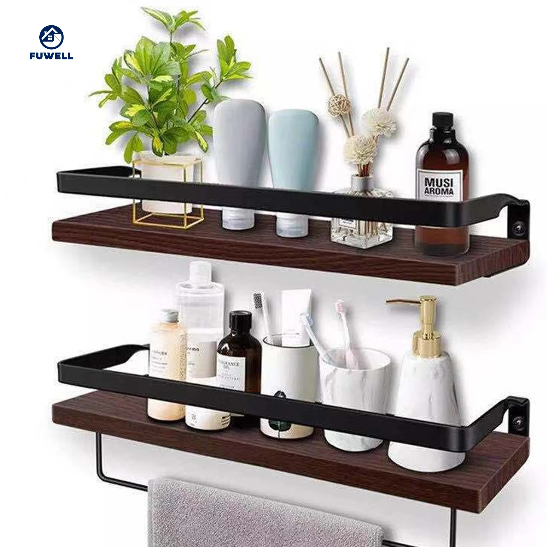 home decorative wall mounted bathroom storage wall shelf set of 2 thick Iron shelf with wooden boards for shampoo