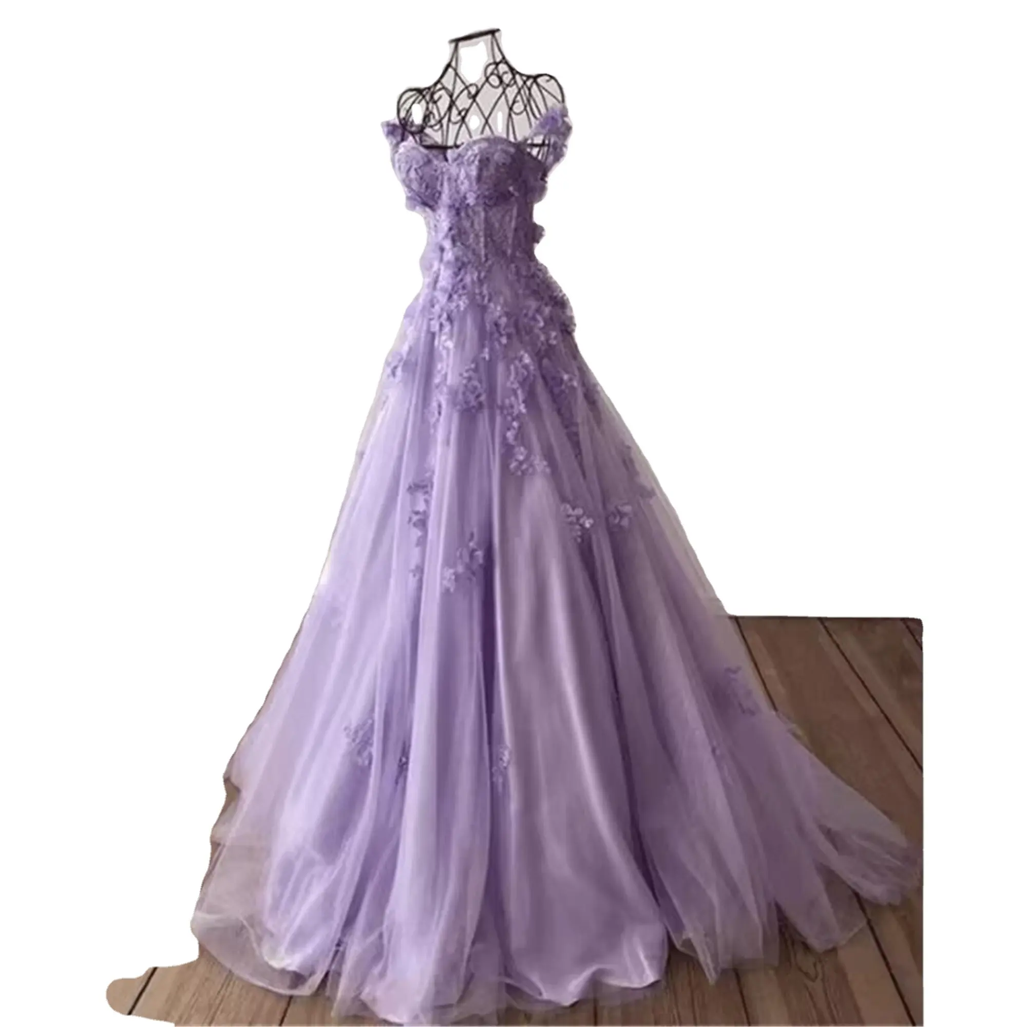 Elegante Bohemian Purple 3D Applique Lace Vestido De Noiva A linha Brilhante Tule Sem Mangas Praia Evening Party Gown para As Mulheres 2023