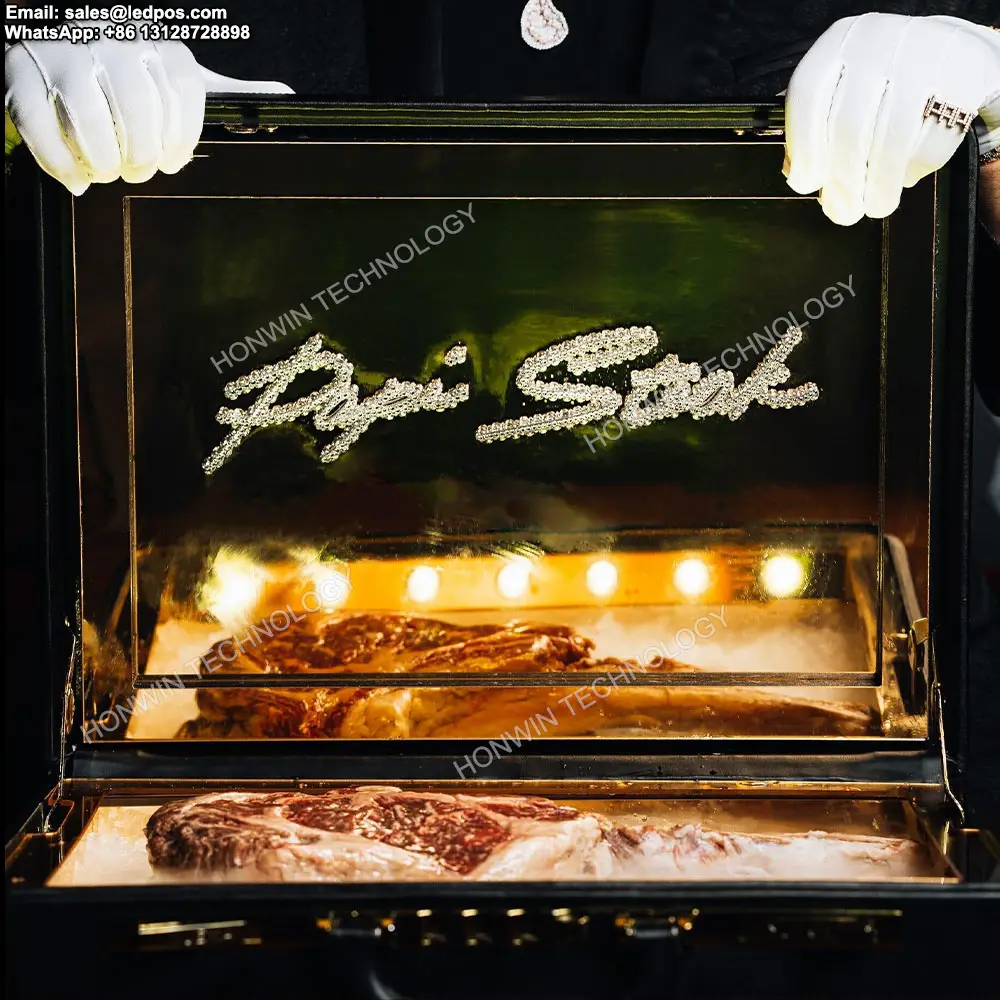 कस्टम लोगो एलईडी रोशन दर्पण गोमांस सूटकेस मांस वाहक बॉक्स स्टेक अटैची Glorifier प्रदर्शन के मामले के लिए मियामी समुद्र तट स्टीकहाउस
