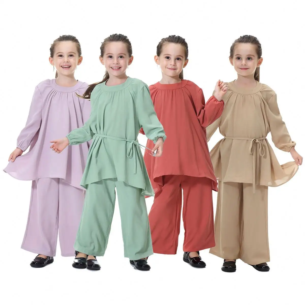 2024 NEW Muslim Children Dress 2pcs Sets Kids Suit Bat Sleeve Skirt Round Neck Islamic Girl Clothing Kid's Jubah Ramadan Solid