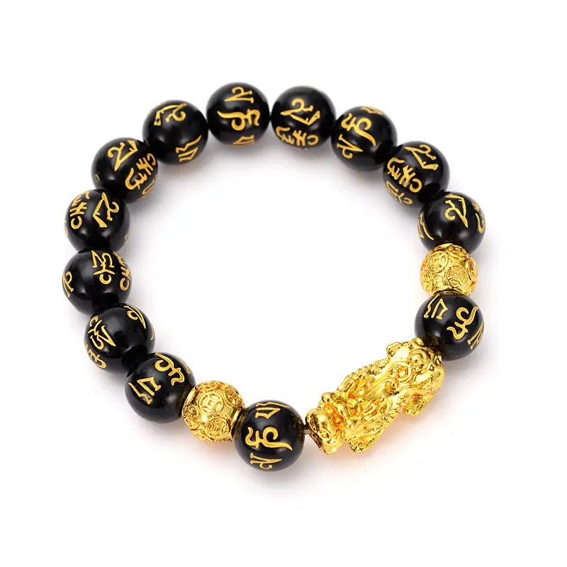 Feng Shui Obsidian Stone Beads Gold Black Pixiu WealthとGood Luck Women Men Beaded Bracelet