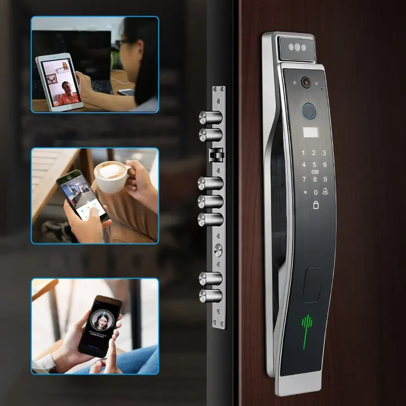 Wifi 2022 Tuya สมาร์ทล็อคด้วยกล้อง Rfid รหัสผ่านไบโอเมตริกซ์วิดีโออินเตอร์คอมลายนิ้วมือจดจำใบหน้า3d ล็อคประตู