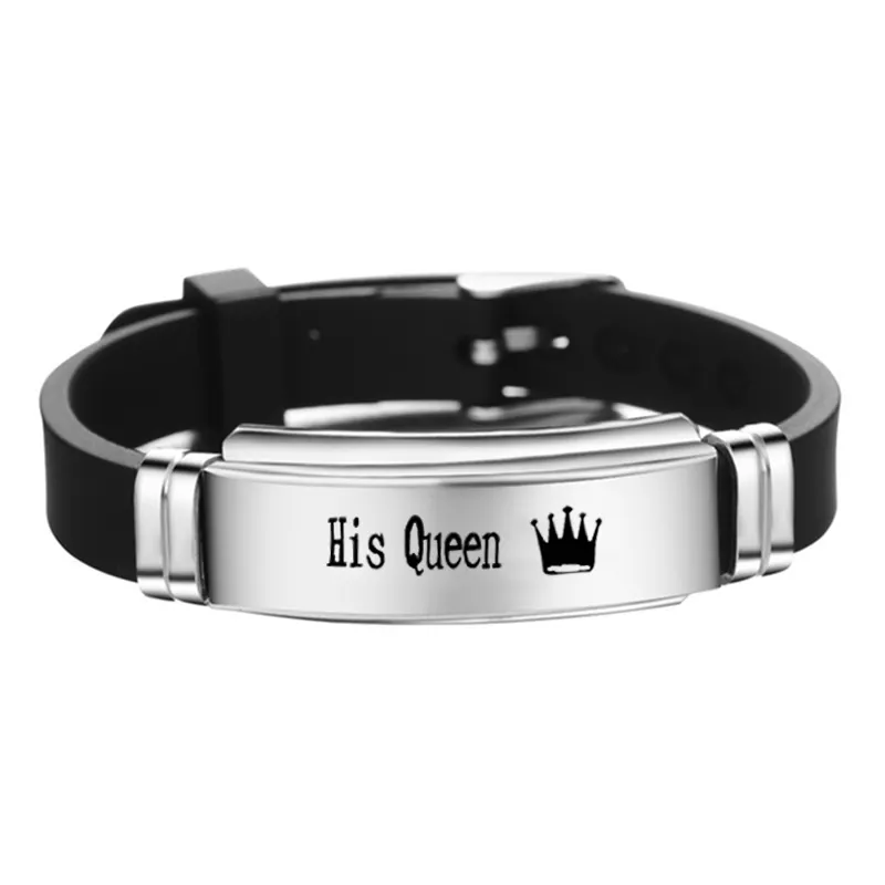 Pulsera deportiva de silicona para parejas, brazalete de acero inoxidable con diseño de corona, rey, reina, color blanco y negro