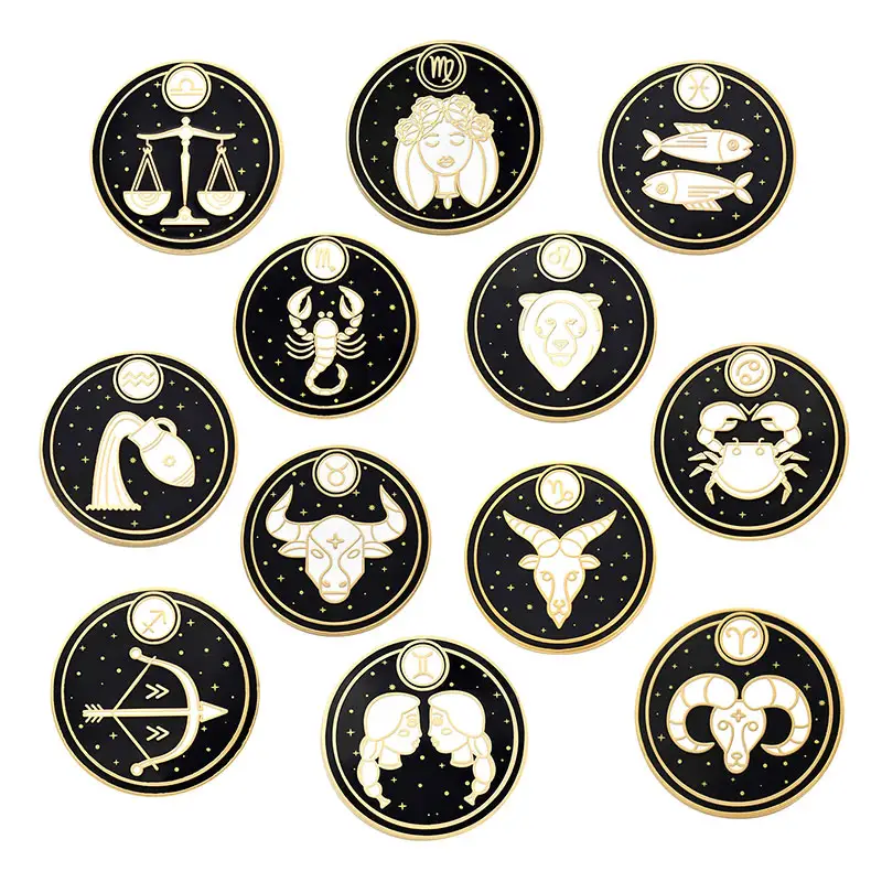Custom gold hard enamel 12 constellation brooch lapel pin badge metal birth sign zodiac enamel pin