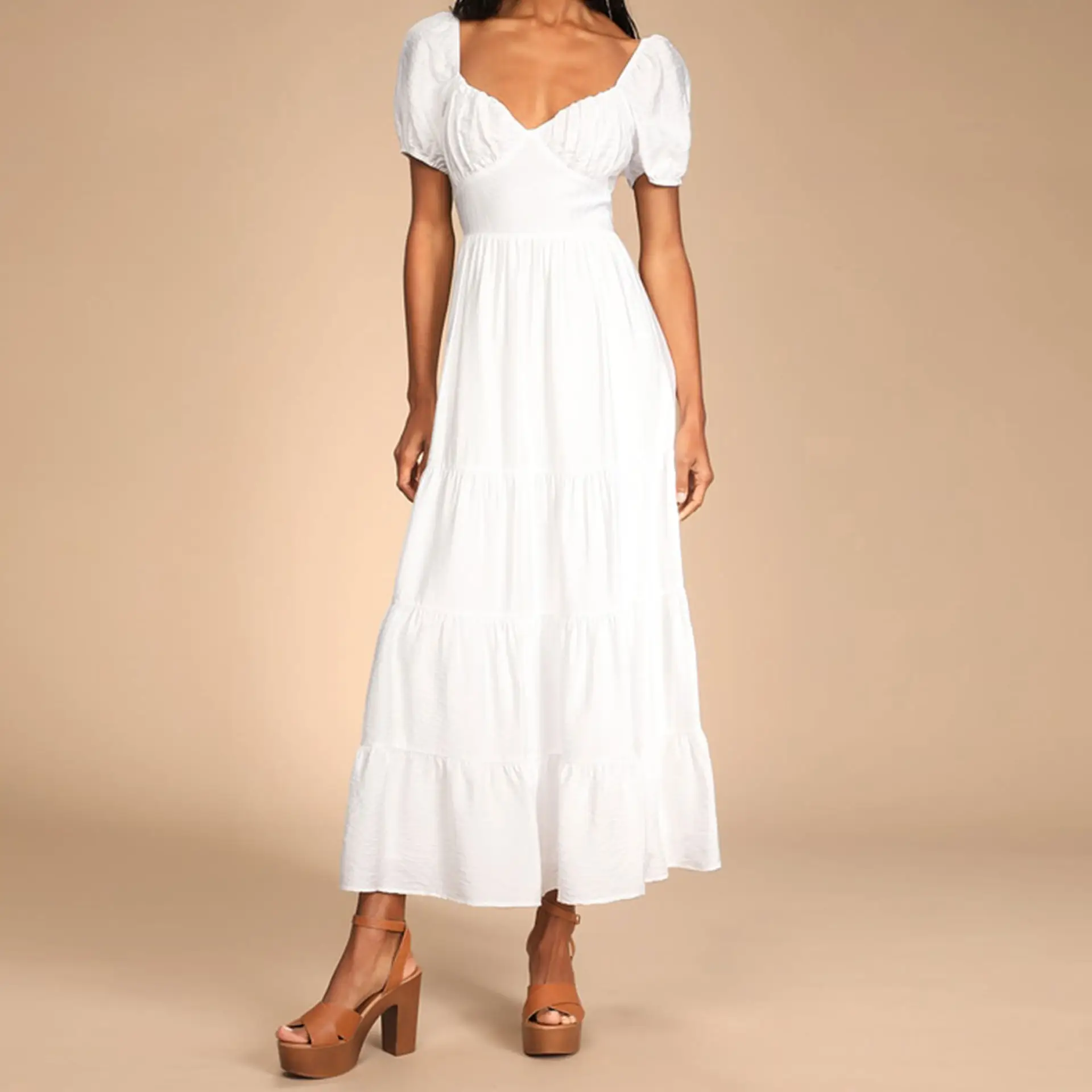 Australia custom ladies white summer puff sleeve corsetto increspato abiti casual donna lady elegant plus size maxi dress in lino