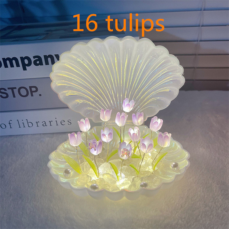 white plastic shell 16 purple tulips