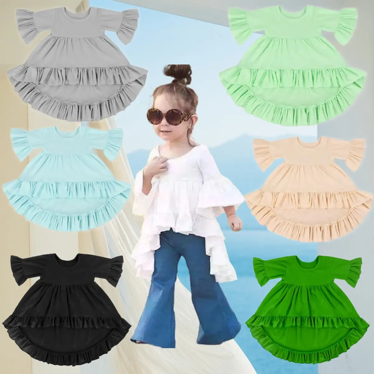 Vestido de Cor Verde Sólida Crianças Menina Alta E Baixa Ruffles Vestido para Bebê Menina Crianças Ruffles Curto Manga Vestido Da Menina De 2 Anos De Idade