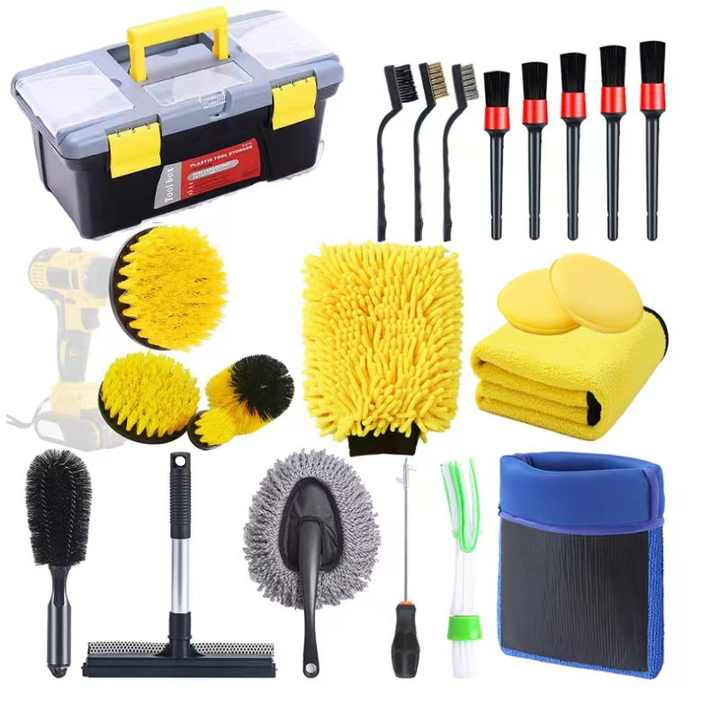 23Pcs Exterior Interior Car Wash Cleaning Tools Kit Drill Brush Head Tyre Cleaning Tool Washing Brush
