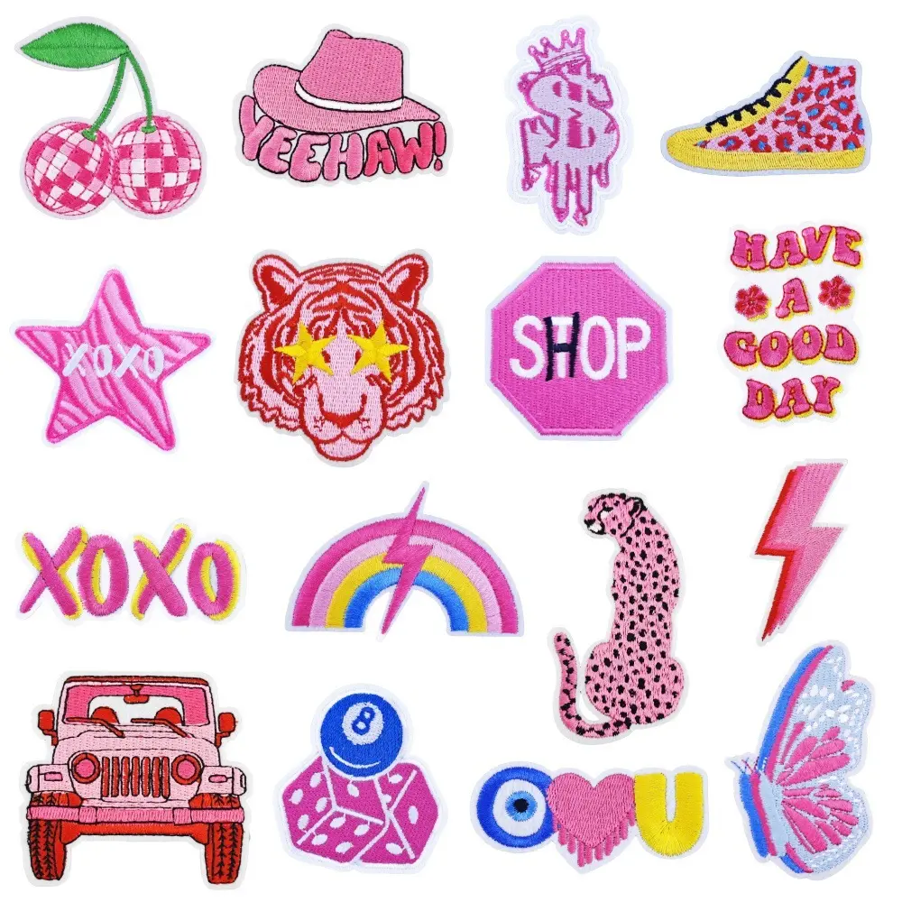 Wholesale Small Patches Embroidery Iron on Bags Jeans Clothing Diy Embroidered Letter XOXO Pink Tiger Patch for Gril Women Hat