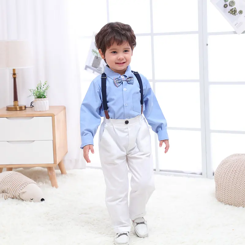 Yeni ürün 2 parça çocuk uzun kollu gömlek pantolon resmi giysi erkek giysileri takım elbise setleri çocuk erkek bebek elbise