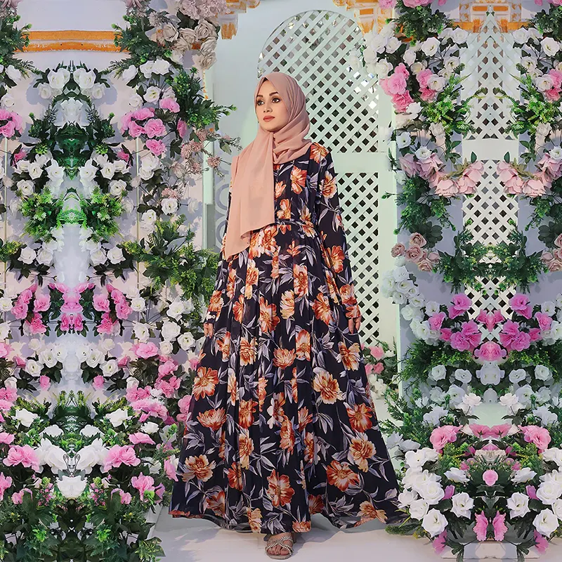 In hoa flaired abaya voan maxi tùy chỉnh áo dài phong cách hồi giáo Floral Dress với hijab