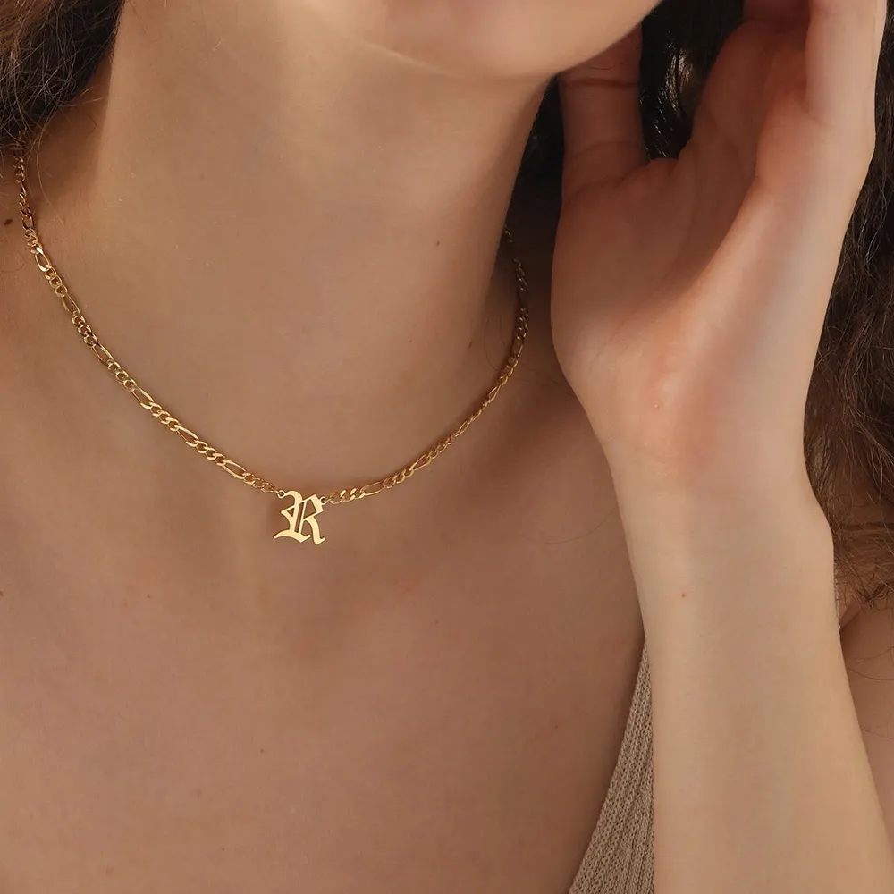 Dainty Letter Necklace 18K Gold Plated Necklace Old English Font Figaro Chain Initial Necklace Women fashion jewelry