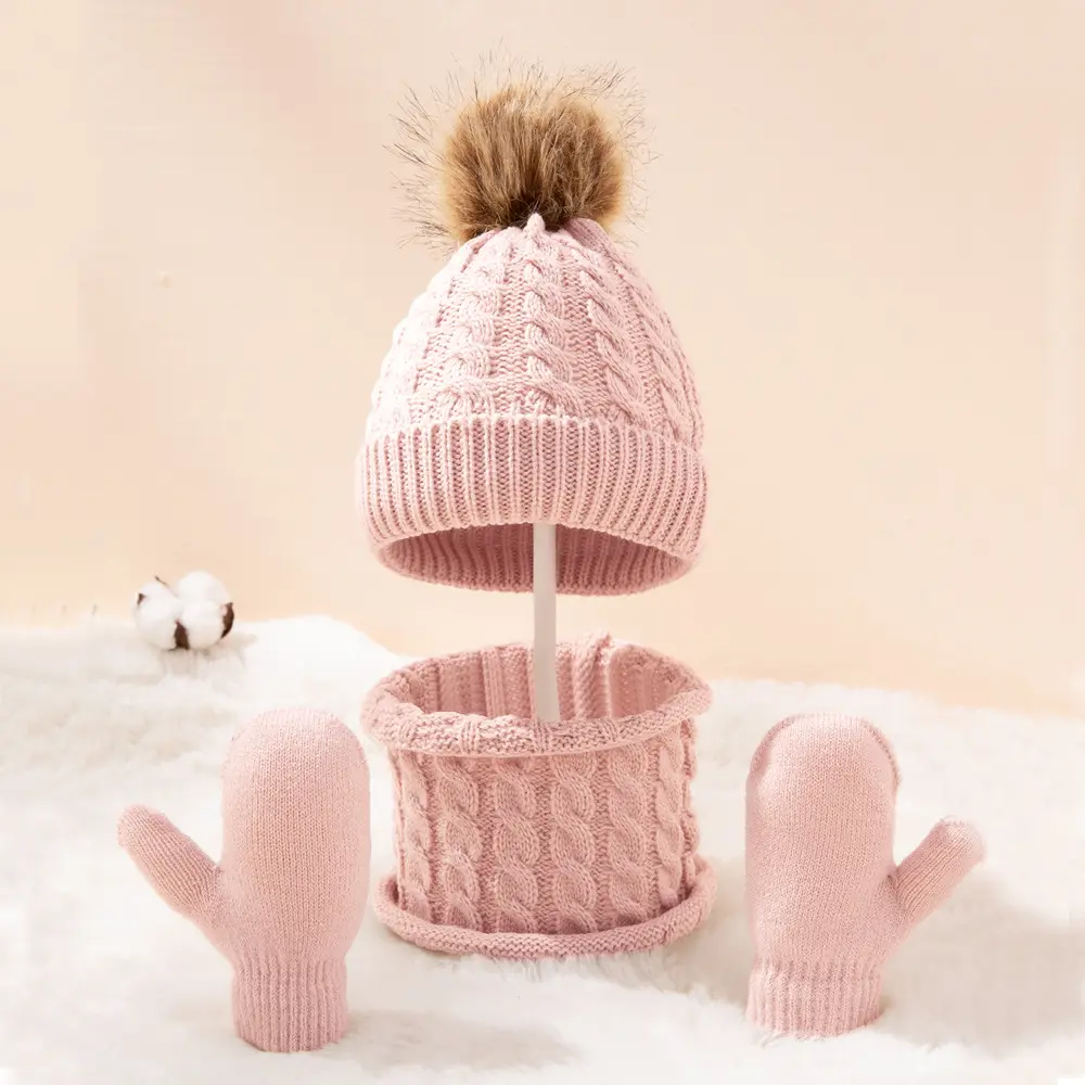 2023 새로운 양모 단색 트위스트 따뜻한 어린이 모자, 스카프 및 장갑 3 피스 어린이 모자 세트