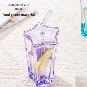 見栄えの良い5点の星ガラスドリンクウェアカラフルなグラデーションカップ蓋付き冷たい飲み物コーヒーまたはお茶用 - Product Image 3