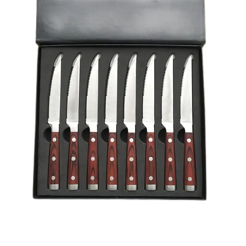 Wholesale 8 Piece Pakka Wood 3Cr14 5Cr15Mov Stainless Steel Kitchen Steak Knife Set