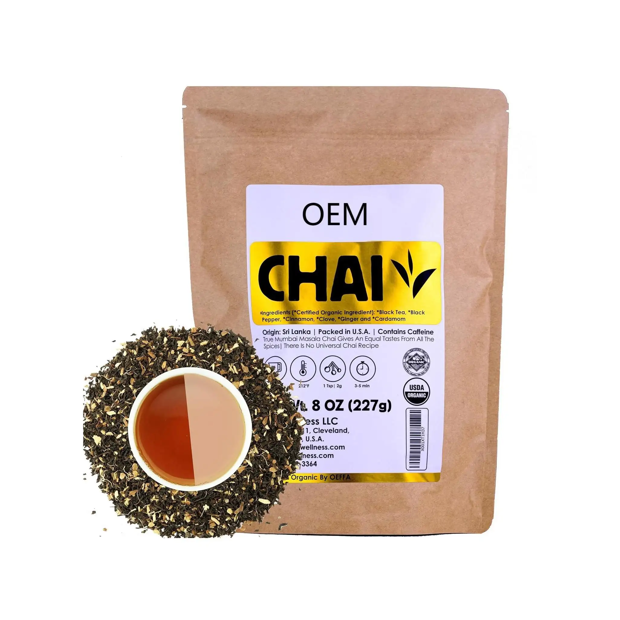 Thé de Ceylan biologique certifié OEM 100%, contenant du thé noir, de la cannelle, de la cardamome, des clous de girofle et du poivre noir