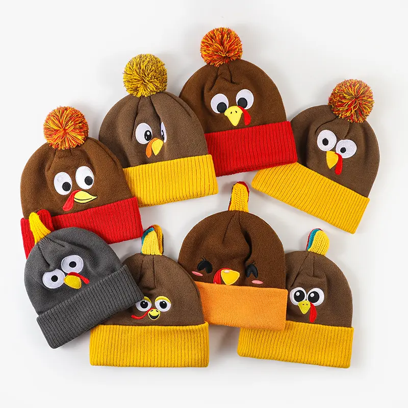Custom Thanksgiving Turkey Hat Winter Beanie Unisex Knitted Hats Warm Cap Cartoon Soft Headwear Funny Hat for Men Women