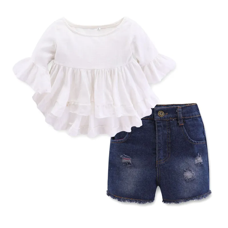 INS moda çocuk giysileri kıyafetler küçük kız yaz giysileri beyaz top + kot 2 adet kızlar yaz butik giyim