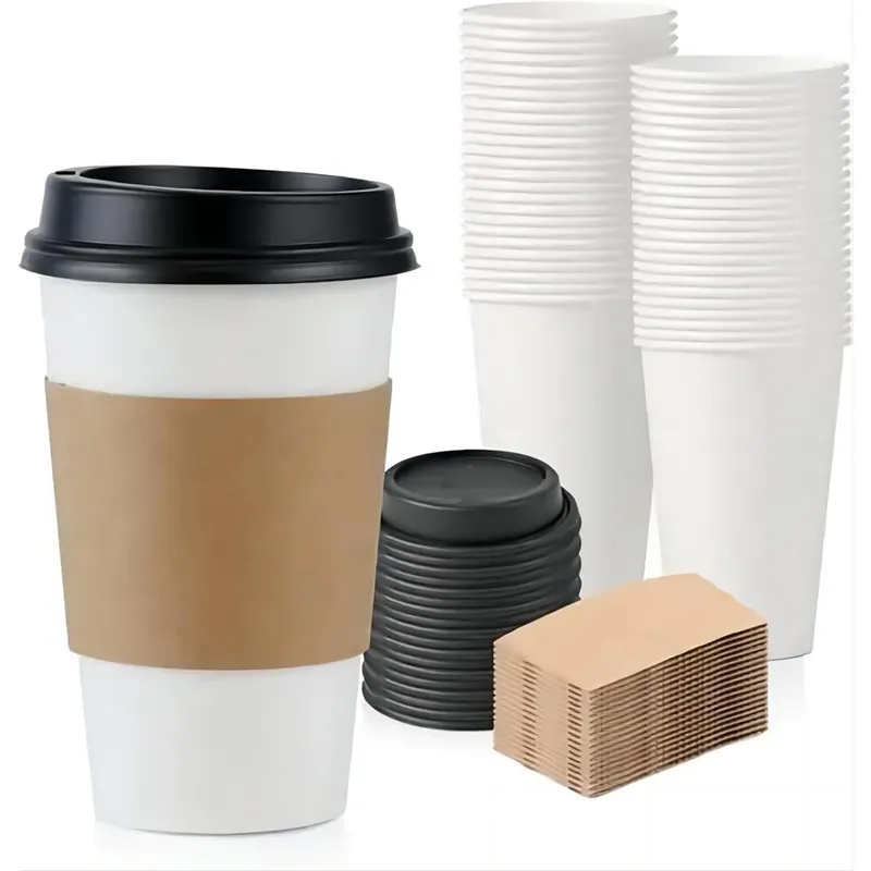 Impressão personalizada logotipo design impressão eco amigável descartável papelão frio bebida quente café copo de papel com tampa luva titular takeaway