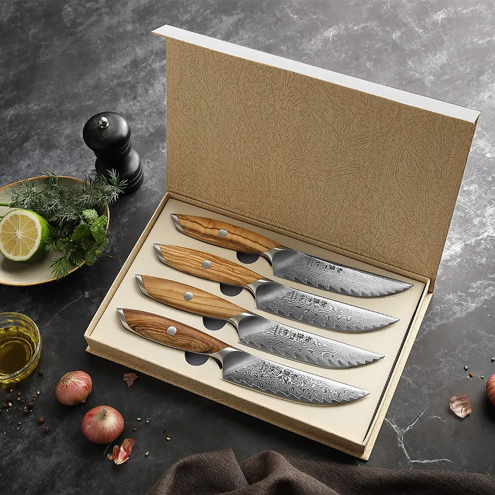 HEZHEN Set pisau Steak baru 4 buah gagang kayu zaitun pisau sapi dapur baja bubuk Damaskus