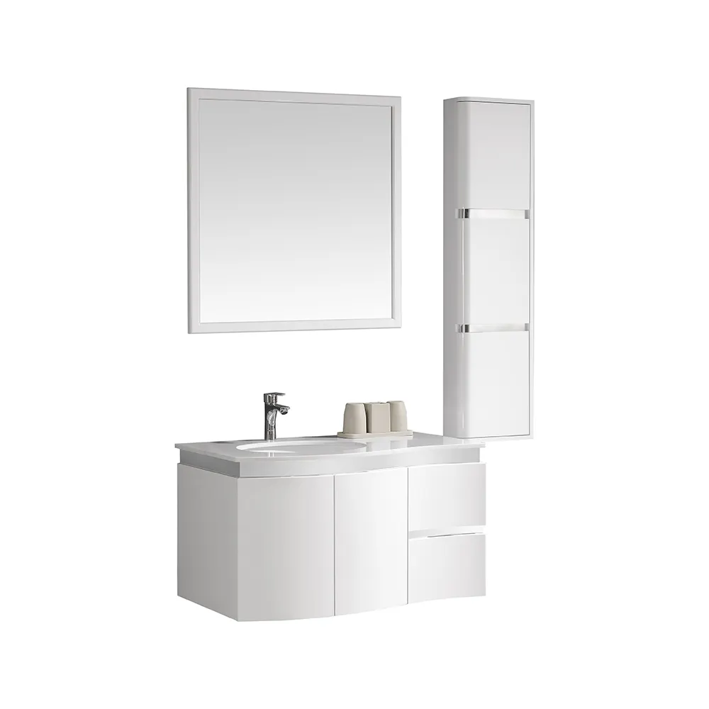 Kabinet kamar mandi kecil putih 2024 Modern baja PVC murah Vanity untuk Apartemen Vila rumah atau Hotel dengan cermin desain unik