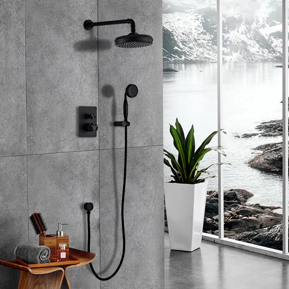 YUNDOOM OEM-ducha superior y ducha de mano, mezclador de latón de cobre con 2 funciones, juego de ducha oculta negra de lujo, llave baja