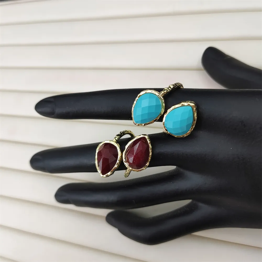 Women Fashion Jewelry Gold Plated Crystal Finger Rings Adjustable Two Stones Blue Turquoise Red Ruby Rings Gifts Wholesales