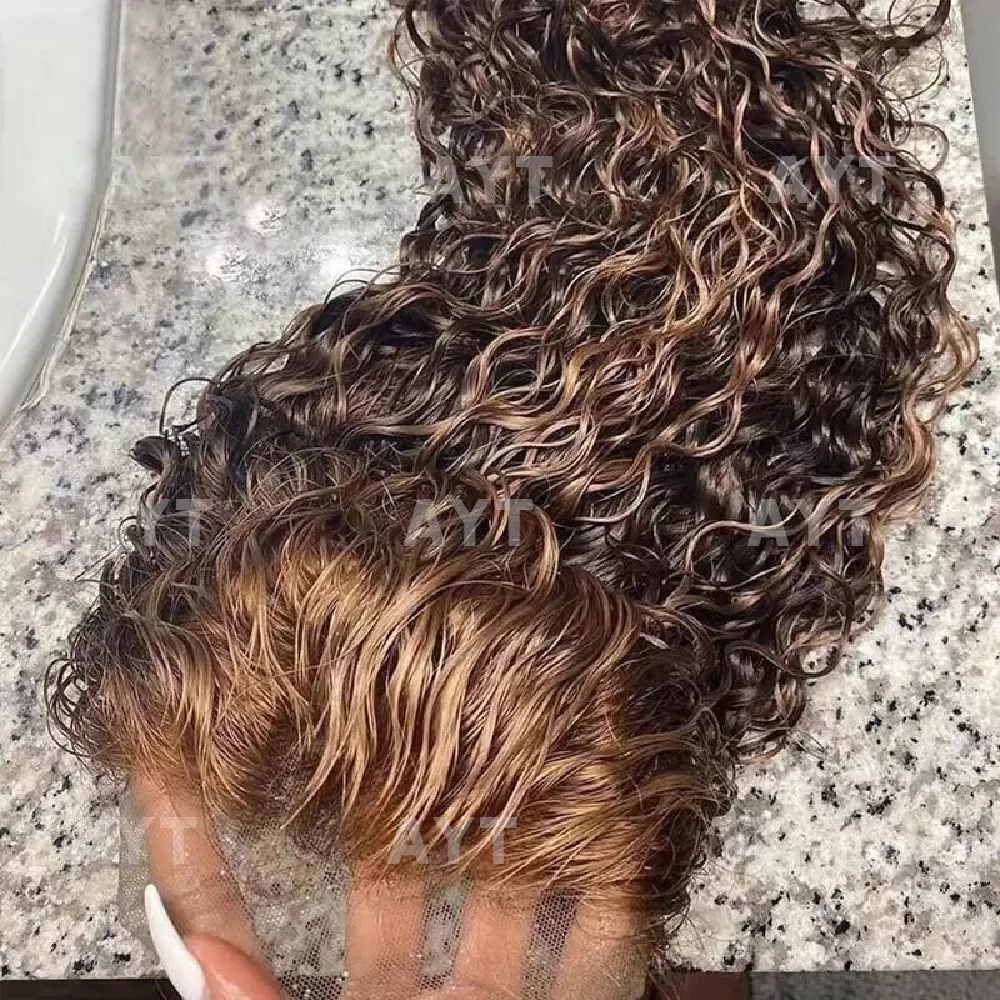 Balayage-Peluca de cabello humano rizado profundo 13x4, postizo de encaje Frontal, prearrancado, Color marrón, rubio miel