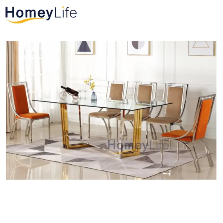 Venta al por mayor de vidrio de alto brillo superior mesas de cocina comedor conjunto de 8 plazas de lujo de oro mesa de comedor y silla
