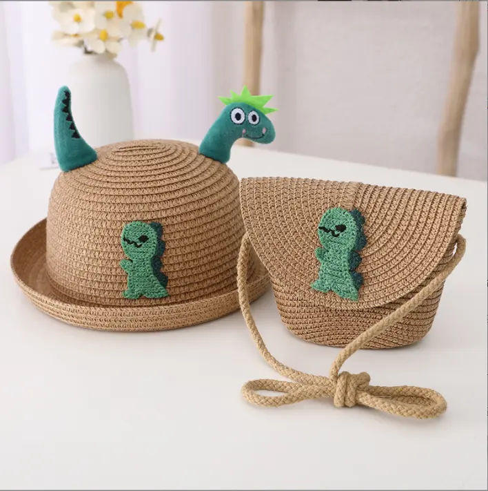 Nouveau Design chapeau de soleil d'extérieur pour enfants, chapeau d'été de dinosaure de dessin animé, chapeaux de plage en paille avec large bord
