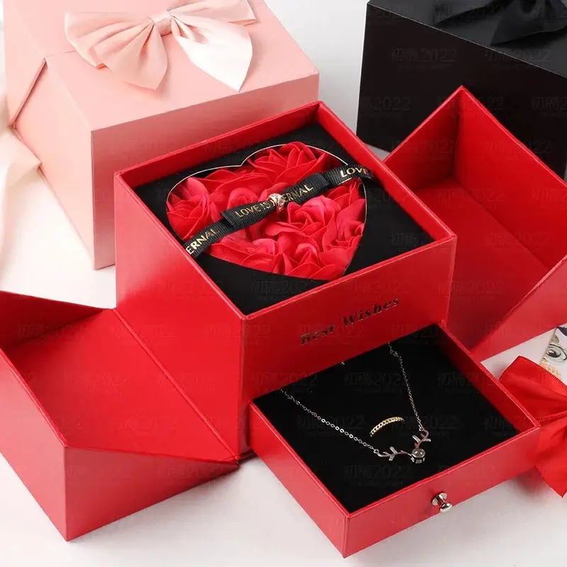 Kustom elegan mawar simulasi dengan bunga St laci Valentin kotak kemasan perhiasan Set tas laci cincin kalung kotak perhiasan