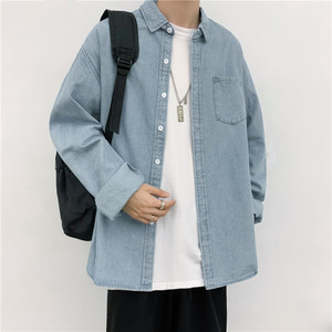 蓝色男士牛仔休闲秋装男士纯色春季长袖宽松衬衫 - Product Image 3