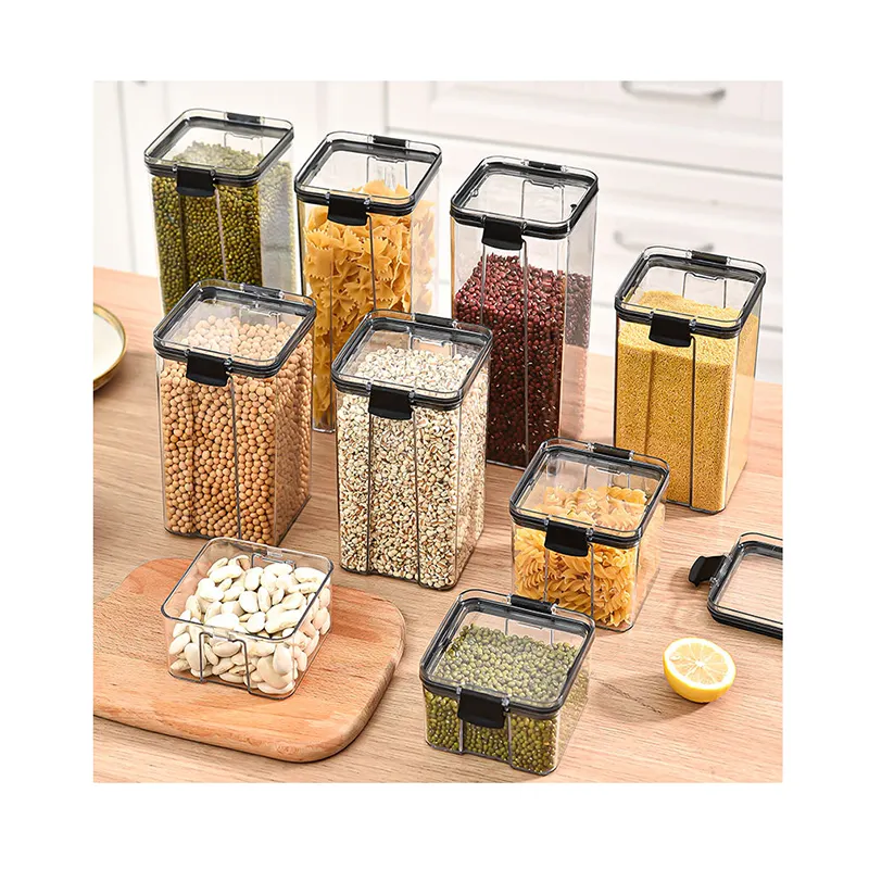 Caja de almacenamiento de grano de plástico de alta calidad al por mayor con tapa contenedor de comida transparente organizador de cocina tarro sellado