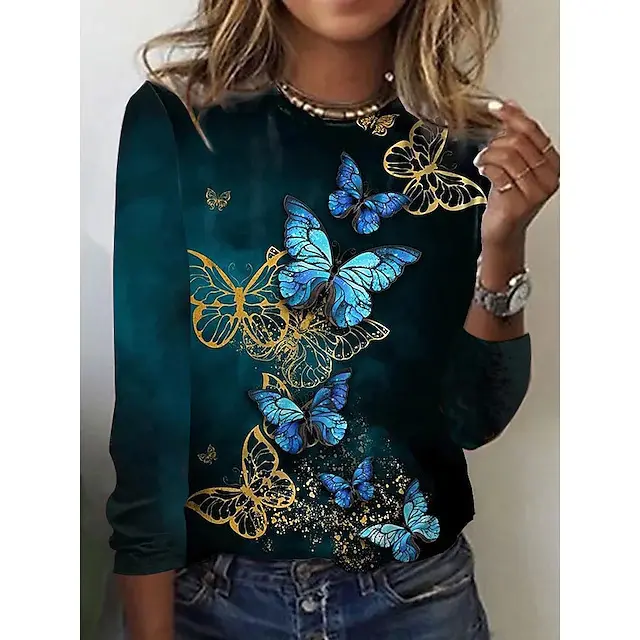 2024 women clothing New Casual temperament butterfly round neck long sleeve top sweater t shirt
