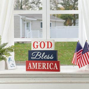 Giorno dell'indipendenza decorazione della tavola in legno americano angosciato segno di blocco dio Bless America con tecnica dipinta a LED - Product Image 6
