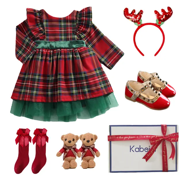 2023 primer vestido de Navidad para niños, niñas, vestido ahumado, caja de regalo de bautizo, vestido para niñas, calcetines de Navidad para bebés