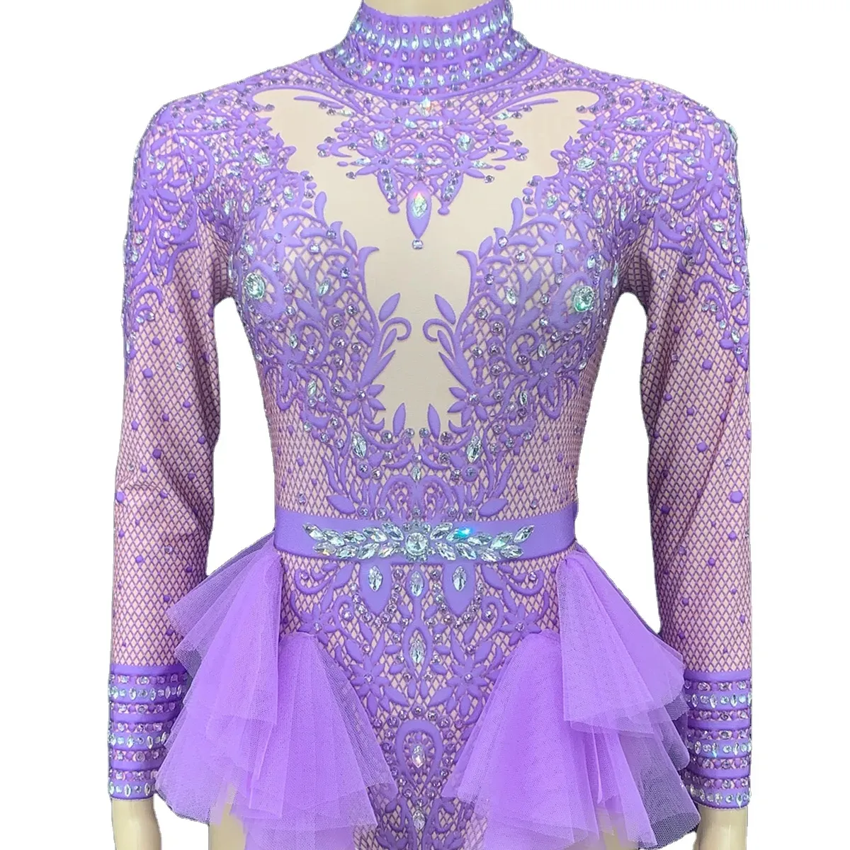 Sparkly Rhinestones Bodysuit Women Long Sleeve Club Outfit Dance Costume Sexy Show Performance Stage Wear Birthday Dress