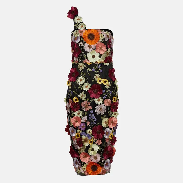 Asymmetrischer Designer Custom Luxus One Shoulder 3D Stickerei Floral Midi Bodycon Damen Freizeit kleid